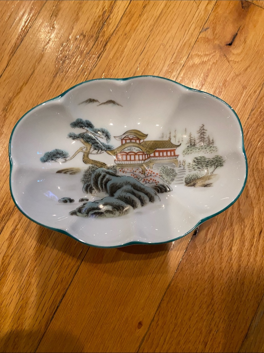 Porcelain Scenic Trinket Dish with Teal Rim